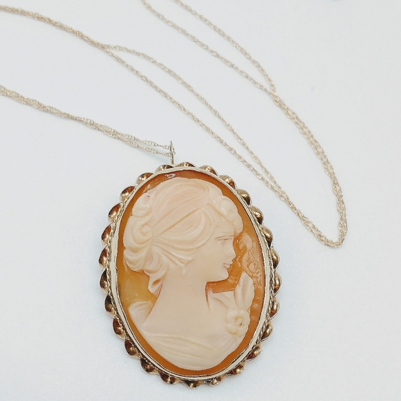 Vintage 14k Carved Shell Cameo Brooch Pendant Necklace - Picture 8 of 9